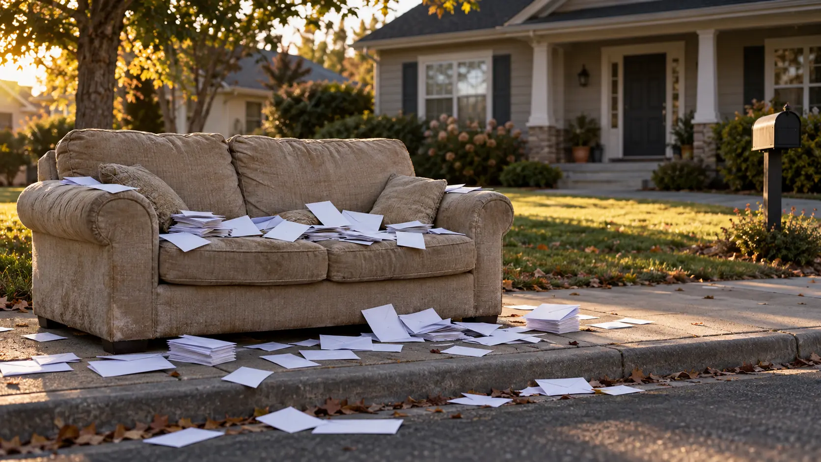 An old sofa left out on a suburban curb, covered in scattered envelopes, in front of a house with its front door closed.