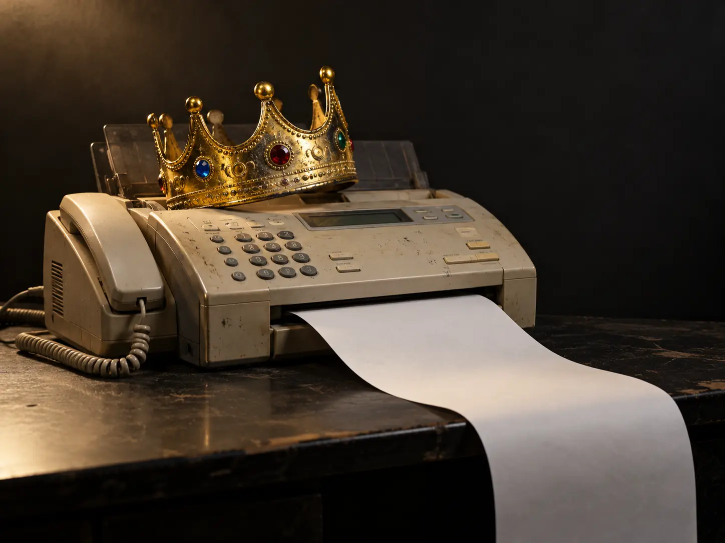 Gold crown on an old beige fax machine with a long sheet of paper spilling onto a dark desk.