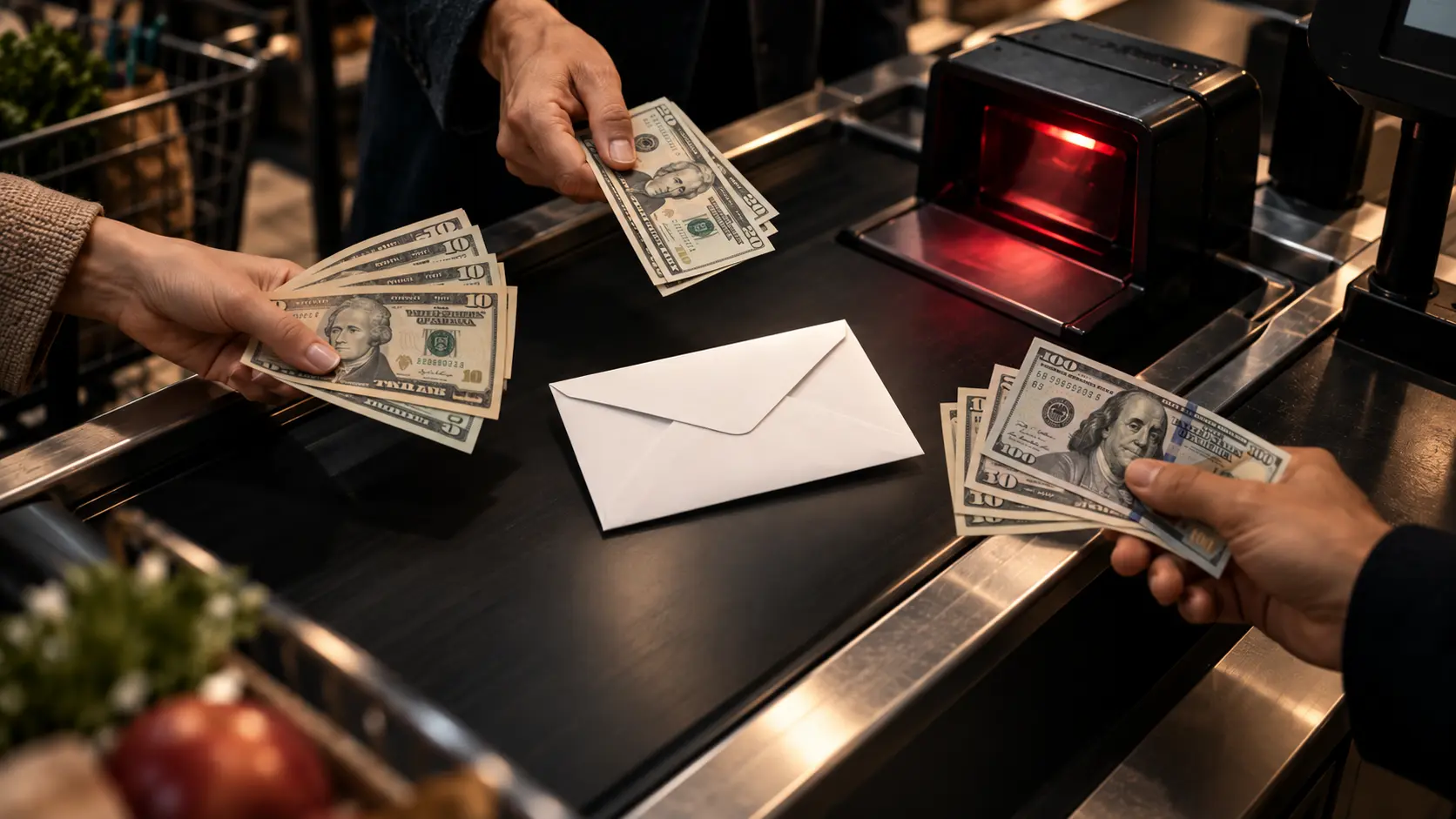 Three hands offering cash toward an envelope on a checkout belt