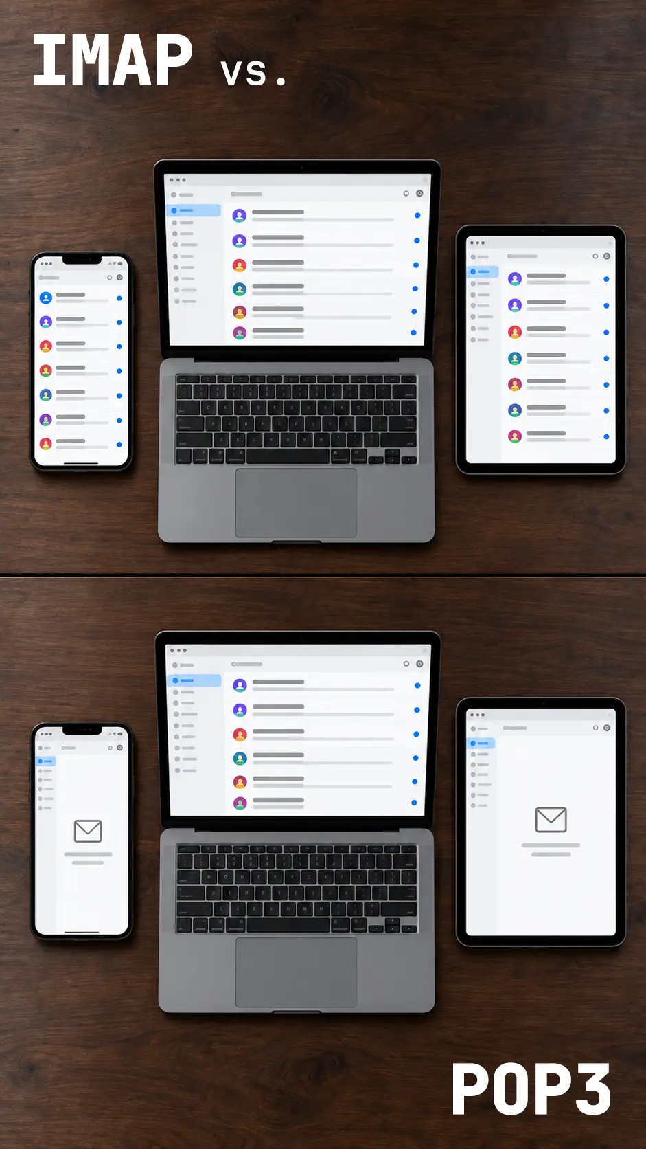 Two rows of devices. In the top row, a phone, laptop and tablet all show the same email inbox. In the bottom row, only the laptop has messages while the phone and tablet are empty.