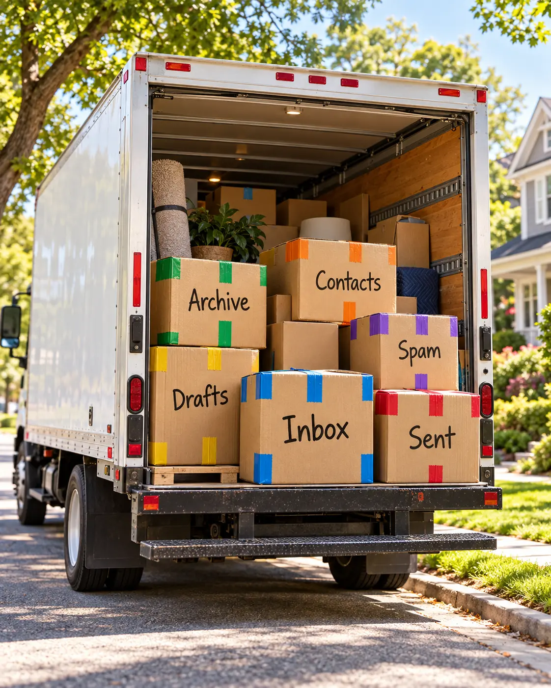 Open moving truck loaded with cardboard boxes labeled Inbox, Sent, Drafts, Archive, Contacts and Spam.