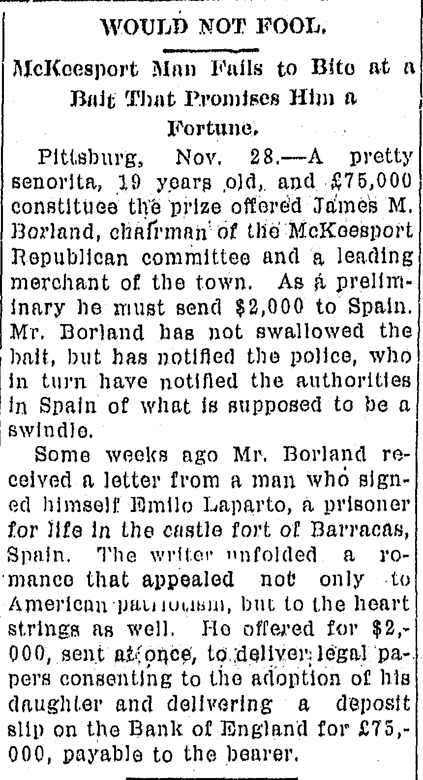 1904 newspaper clipping titled 'Would Not Fool' describing an attempted Spanish Prisoner scam.