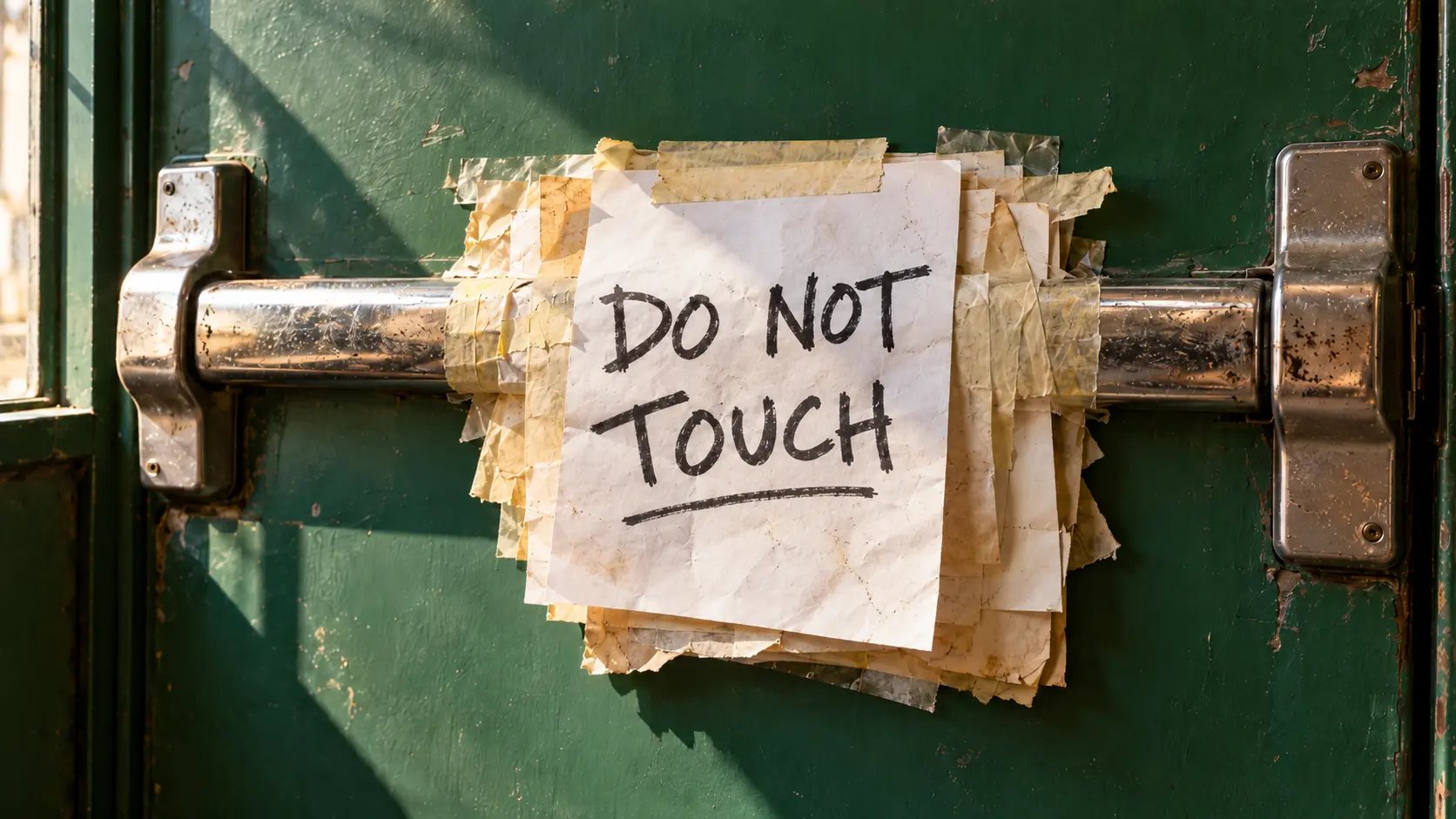 Do not touch note taped over a worn emergency exit push bar